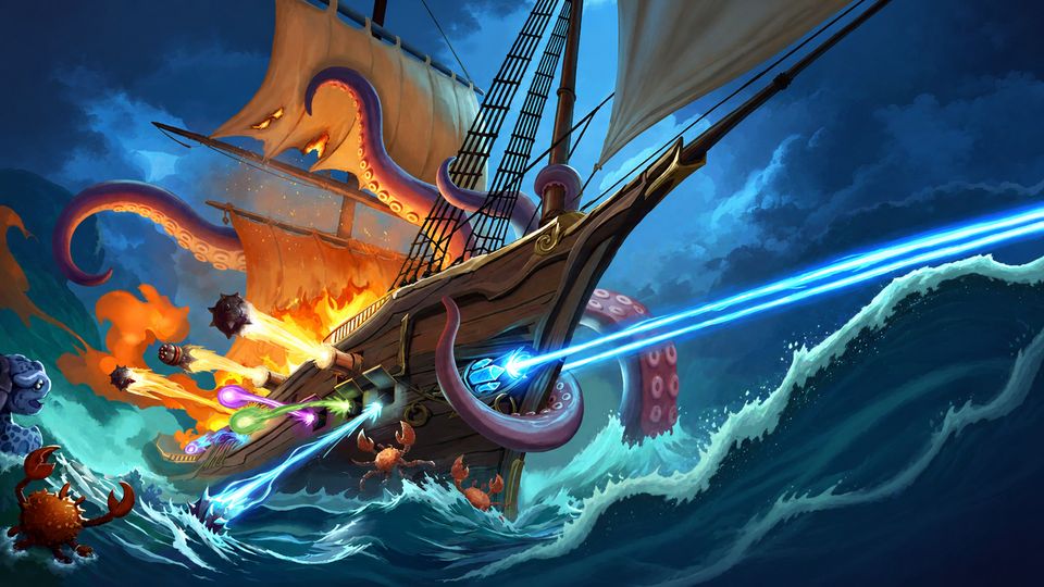 Sail On key art: a pirate ship firing cannons at a kraken in a storm